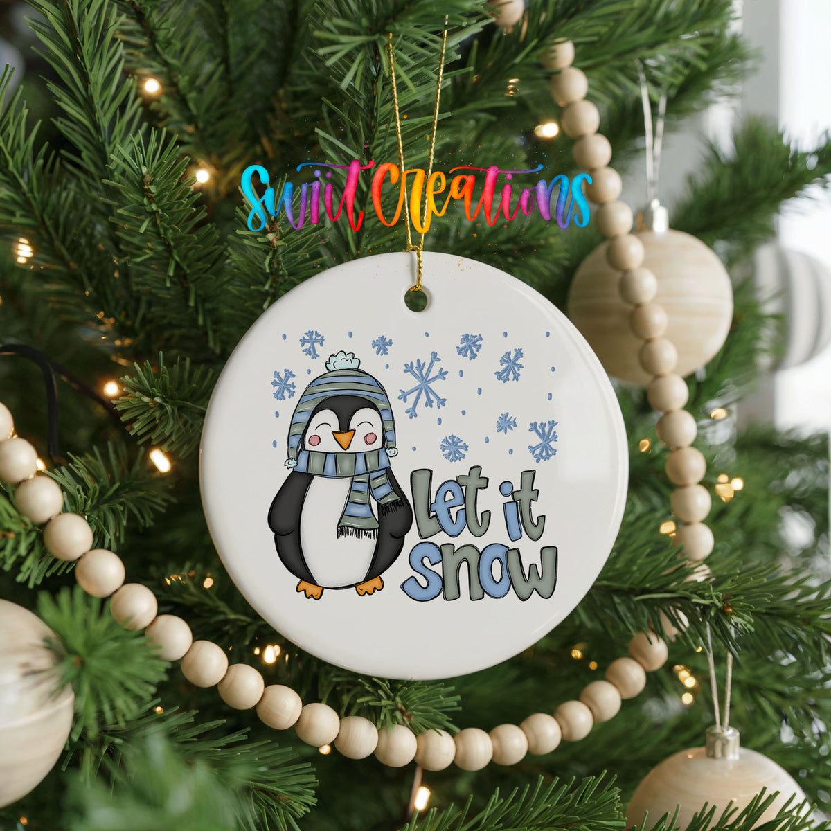 Let It Snow Penguin Winter ceramic Christmas ornament holiday product view