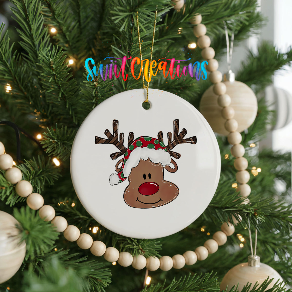 Cute Reindeer Face ceramic Christmas ornament holiday product view