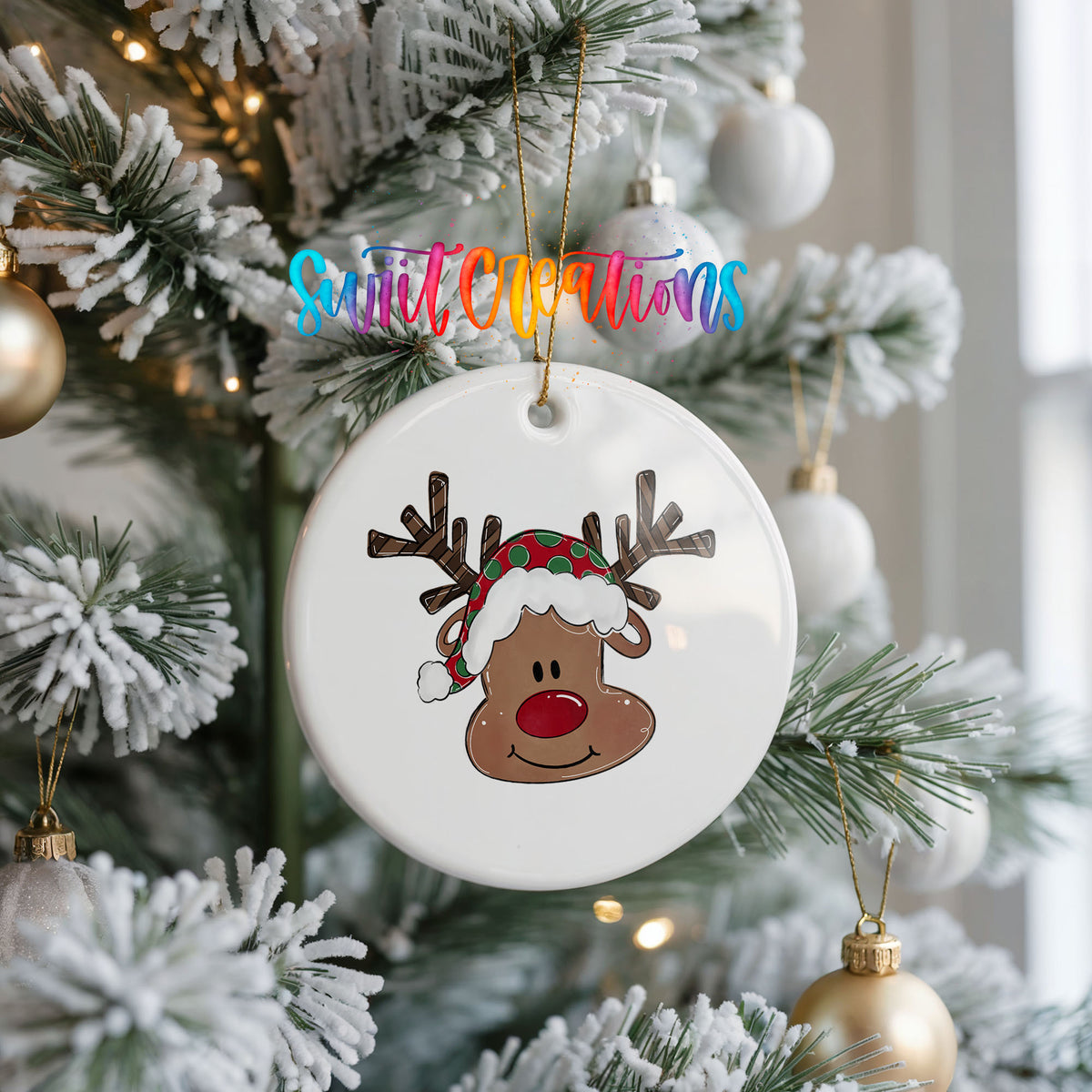 Cute Reindeer Face ceramic Christmas ornament holiday product view