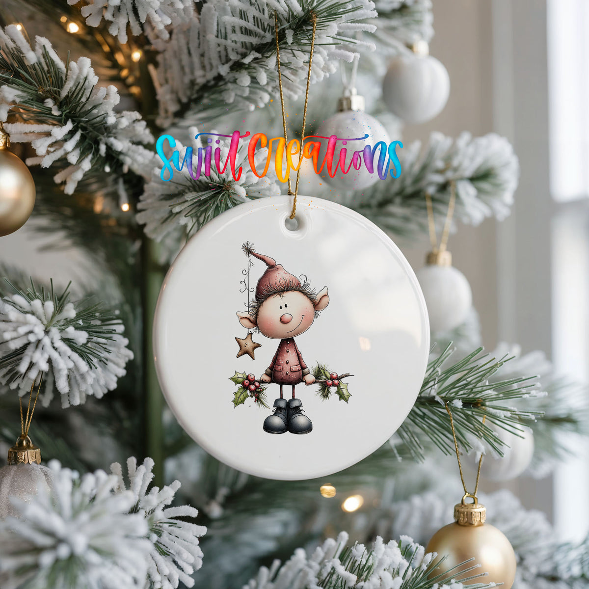Whimsical Christmas Elf in Red Hat ceramic Christmas ornament holiday product view