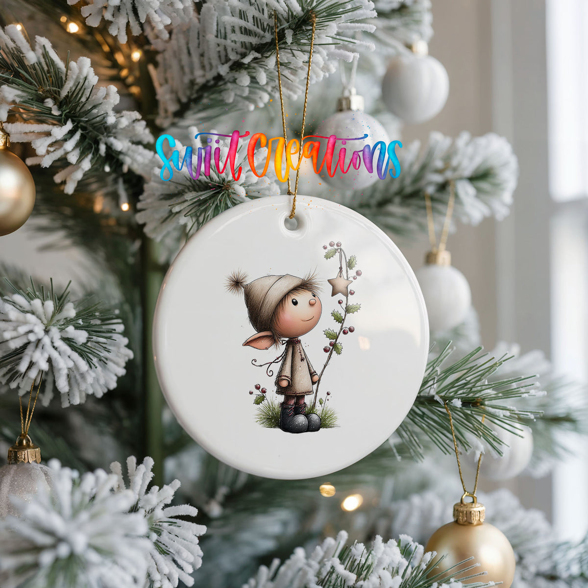 Whimsical Girl Elf with Holly ceramic Christmas ornament holiday product view
