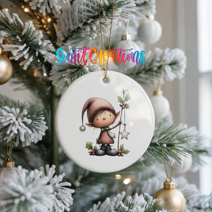 Whimsical Girl Elf in Red Dress ceramic Christmas ornament holiday product view