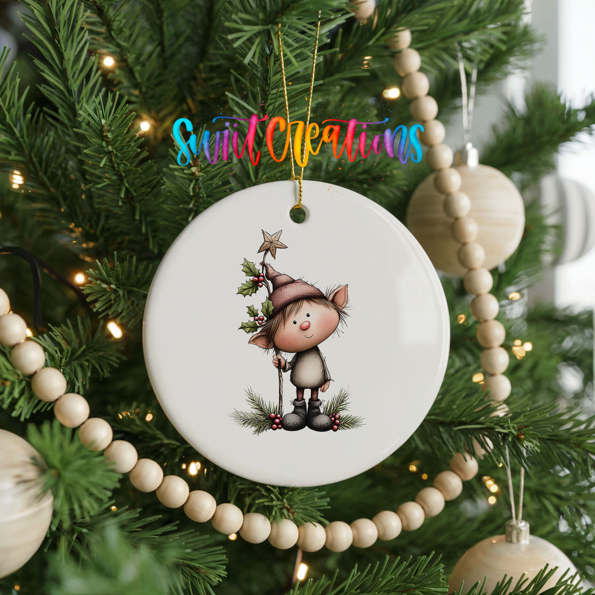Whimsical Elf with Christmas Tree ceramic Christmas ornament holiday product view