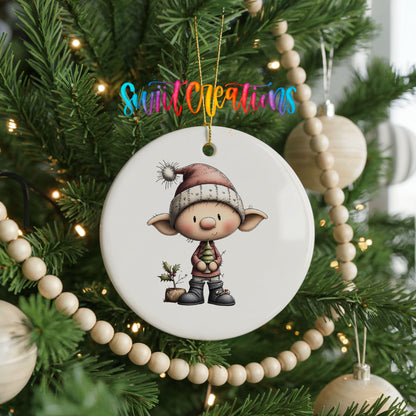 Whimsical Boy Elf in Santa Hat ceramic Christmas ornament holiday product view