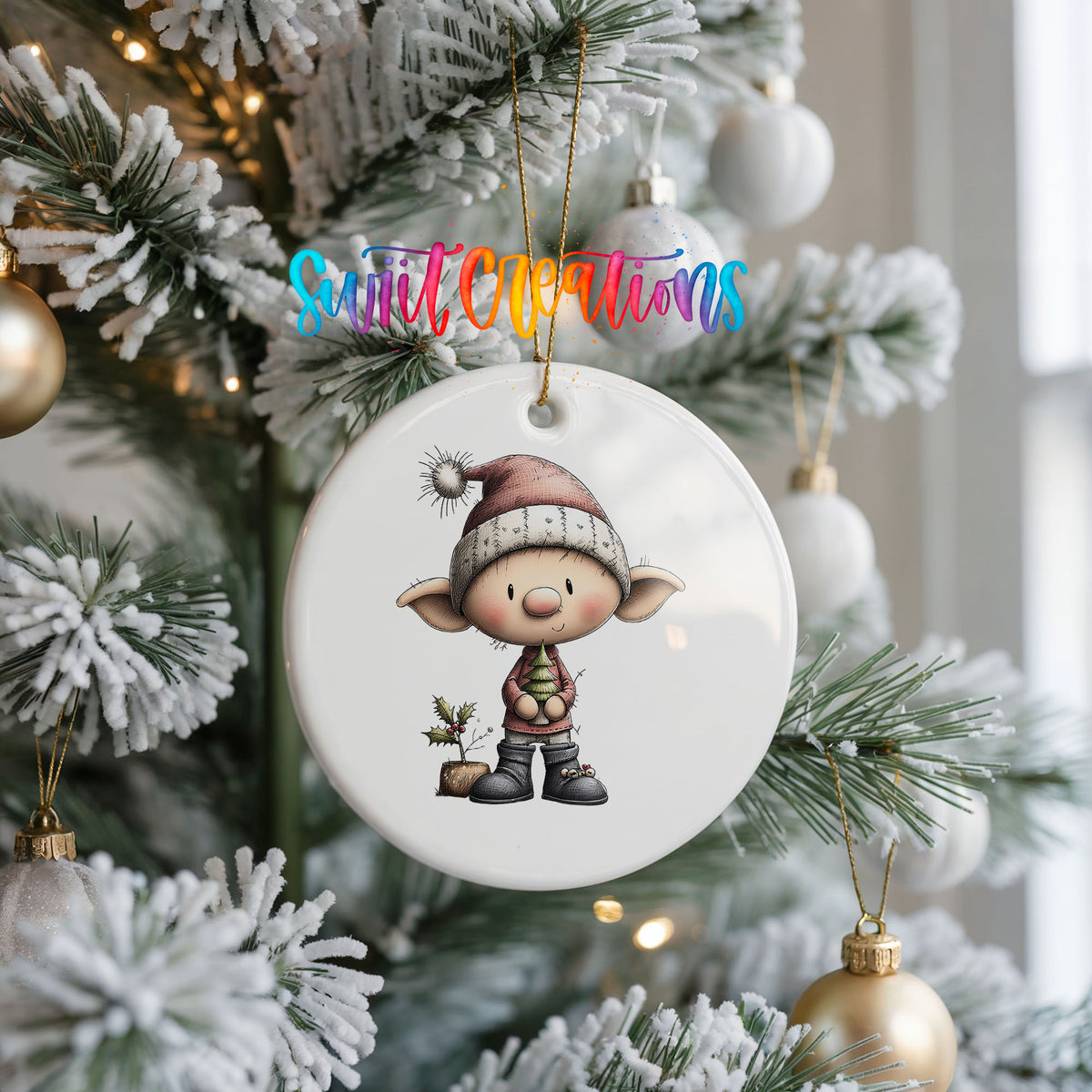 Whimsical Boy Elf in Santa Hat ceramic Christmas ornament holiday product view