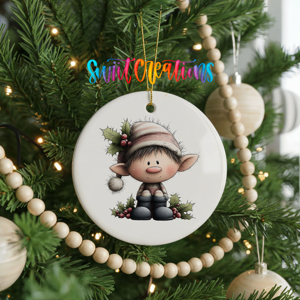 Whimsical Sitting Elf ceramic Christmas ornament holiday product view