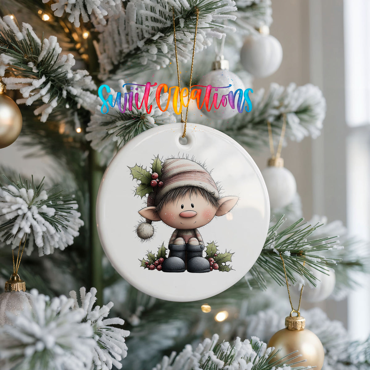 Whimsical Sitting Elf ceramic Christmas ornament holiday product view