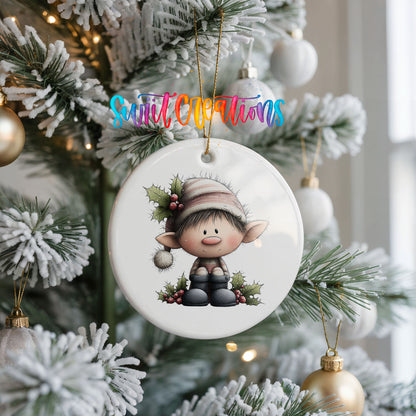 Whimsical Sitting Elf ceramic Christmas ornament holiday product view