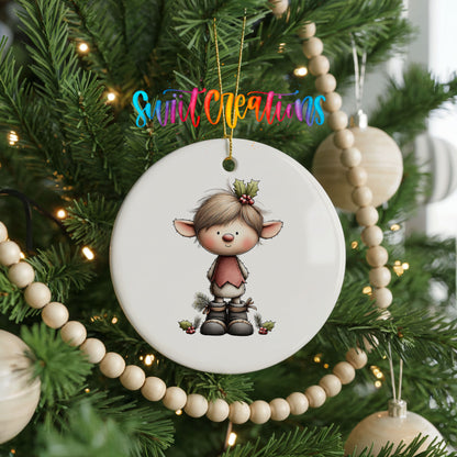 Whimsical Elf with Candy Cane ceramic Christmas ornament holiday product view