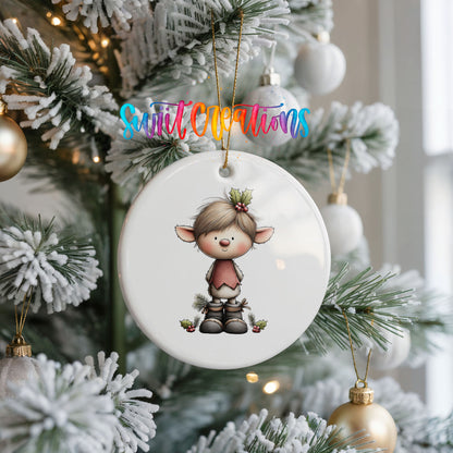 Whimsical Elf with Candy Cane ceramic Christmas ornament holiday product view