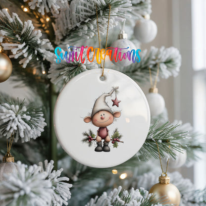 Whimsical Elf with Bunny ceramic Christmas ornament holiday product view