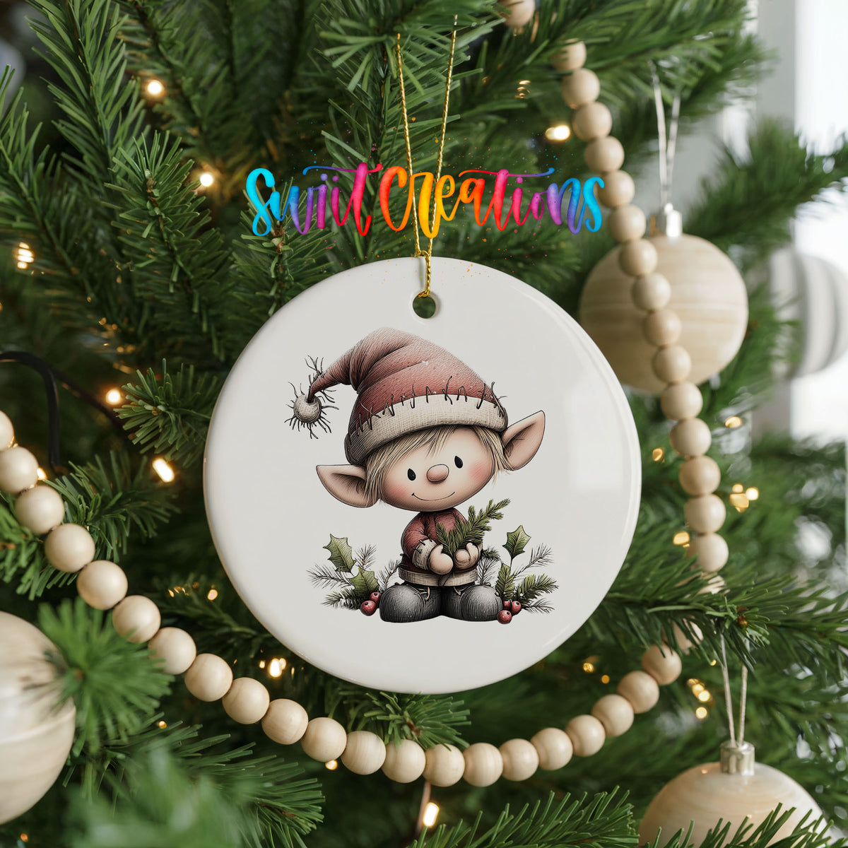 Whimsical Elf with Mini Christmas Tree ceramic Christmas ornament holiday product view