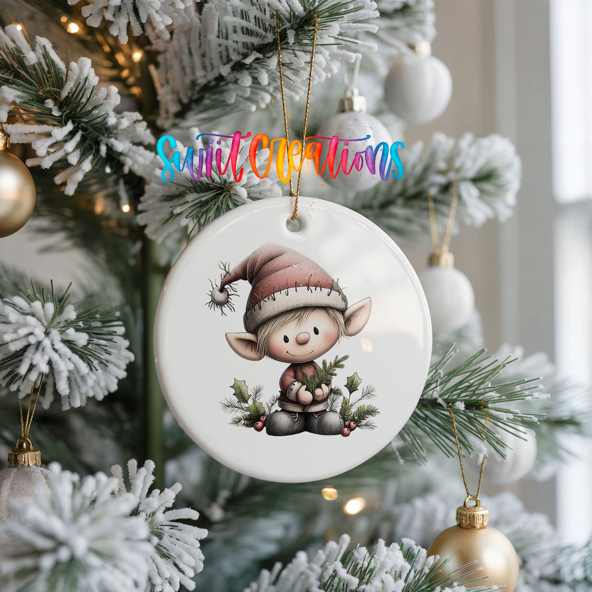 Whimsical Elf with Mini Christmas Tree ceramic Christmas ornament holiday product view