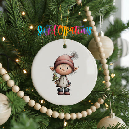 Whimsical Girl Elf in Red Holiday Dress ceramic Christmas ornament holiday product view