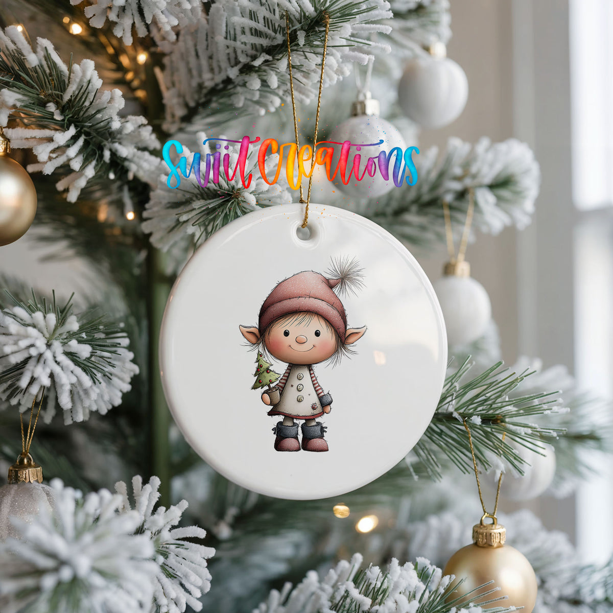 Whimsical Girl Elf in Red Holiday Dress ceramic Christmas ornament holiday product view