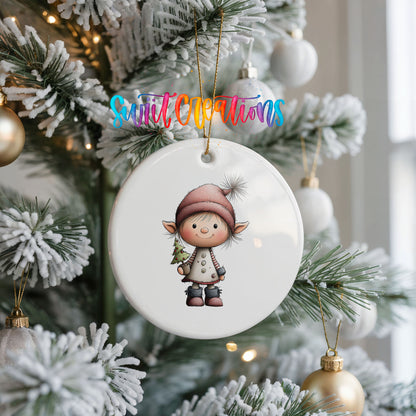 Whimsical Girl Elf in Red Holiday Dress ceramic Christmas ornament holiday product view