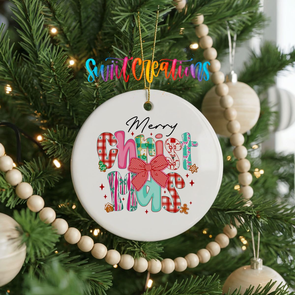 Merry and Bright Colorful ceramic Christmas ornament holiday product view