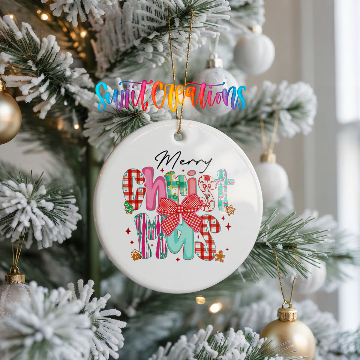 Merry and Bright Colorful ceramic Christmas ornament holiday product view