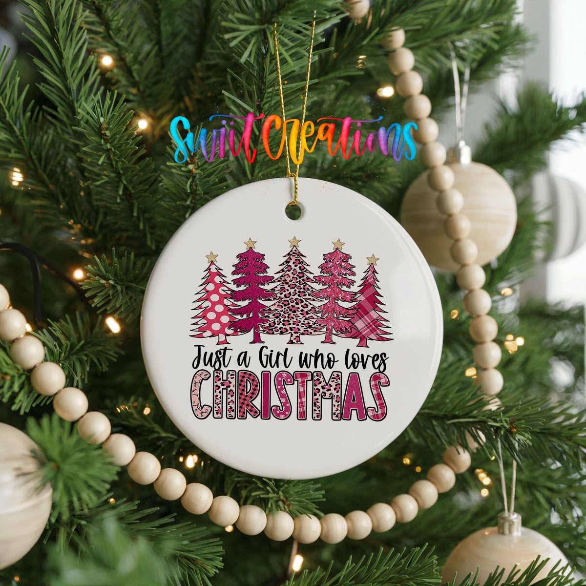 Just a Girl Who Loves Christmas Pink Tree ceramic Christmas ornament holiday product view