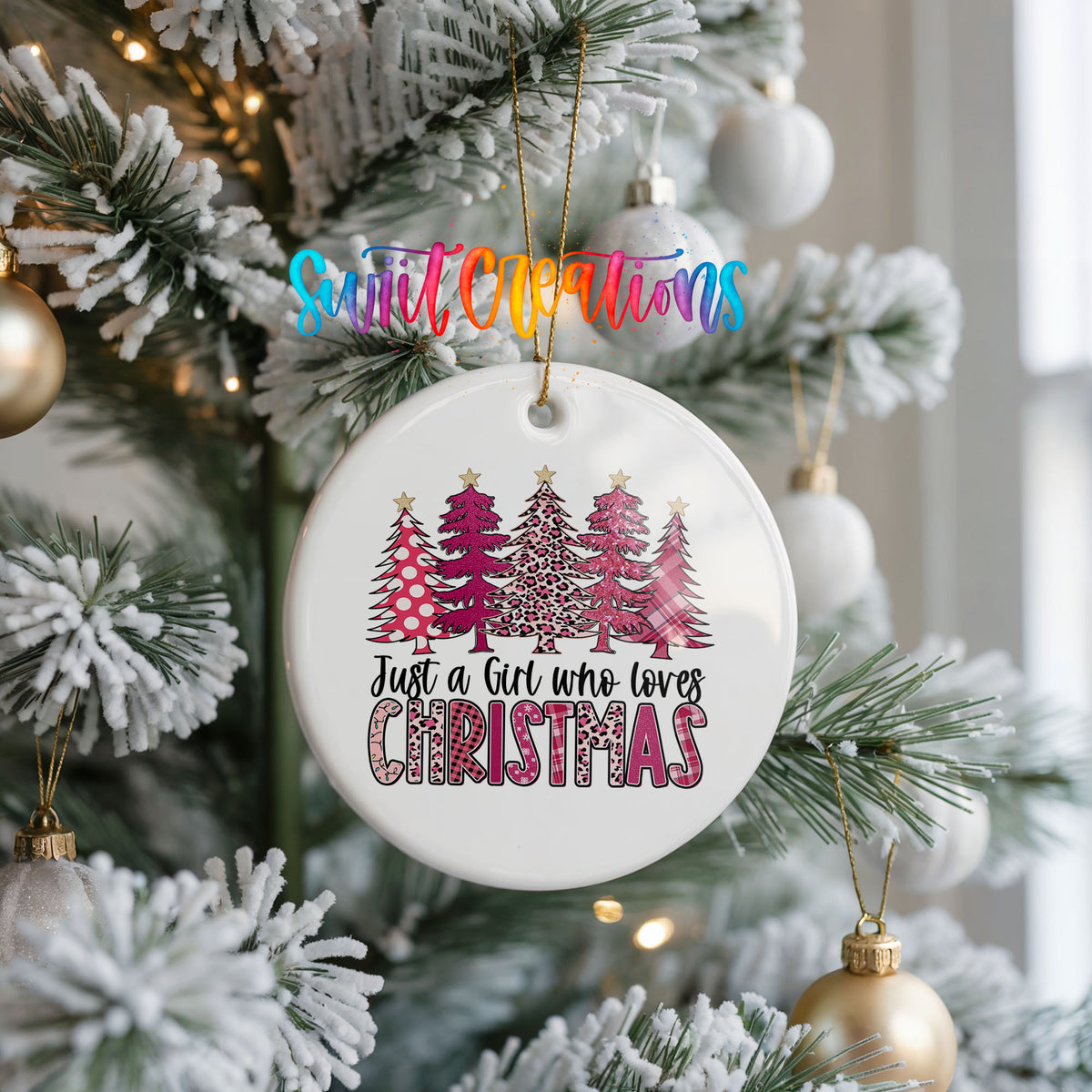 Just a Girl Who Loves Christmas Pink Tree ceramic Christmas ornament holiday product view
