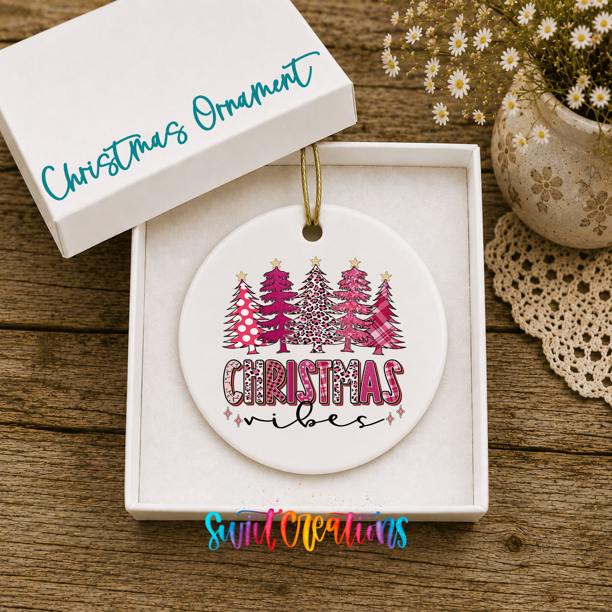Christmas Vibes Pink Tree ceramic Christmas ornament displayed in gift box