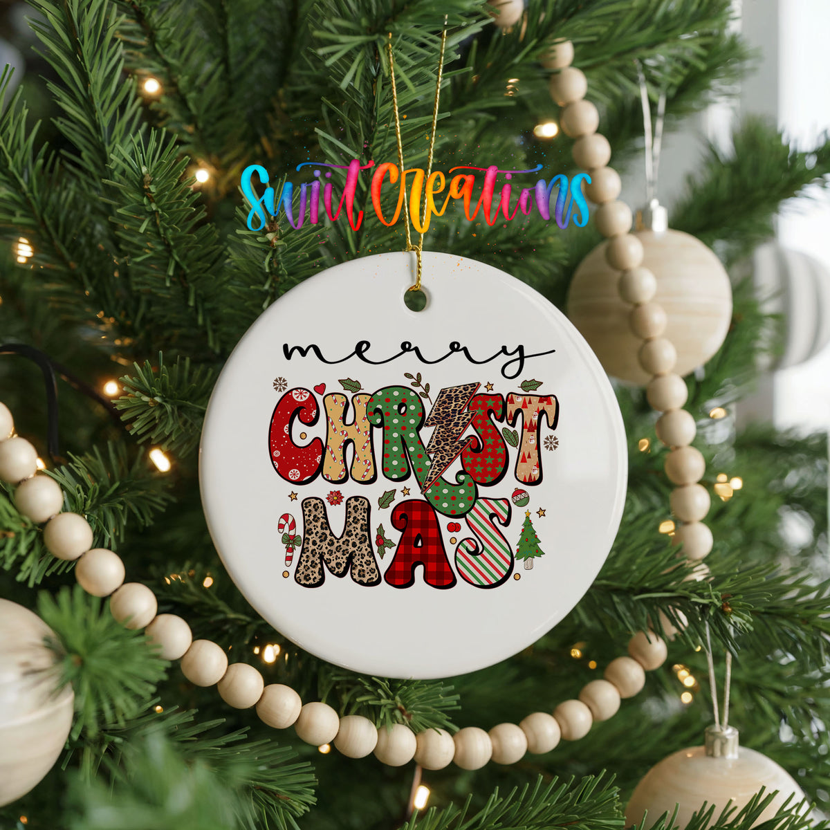 Merry Christmas Retro Typography ceramic Christmas ornament holiday product view
