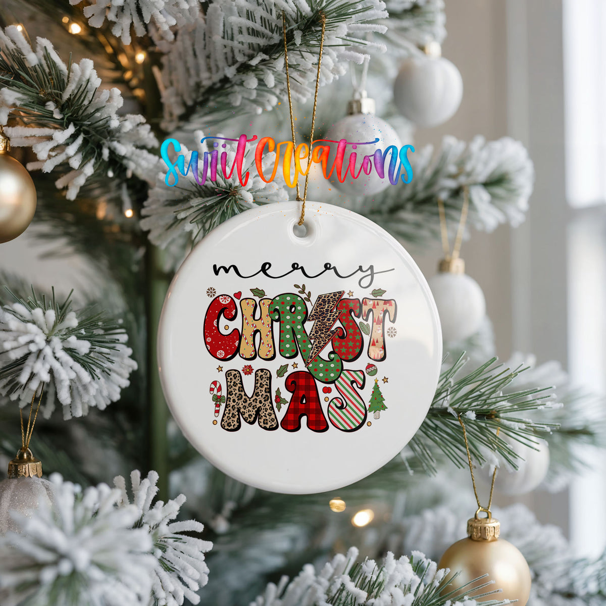 Merry Christmas Retro Typography ceramic Christmas ornament holiday product view