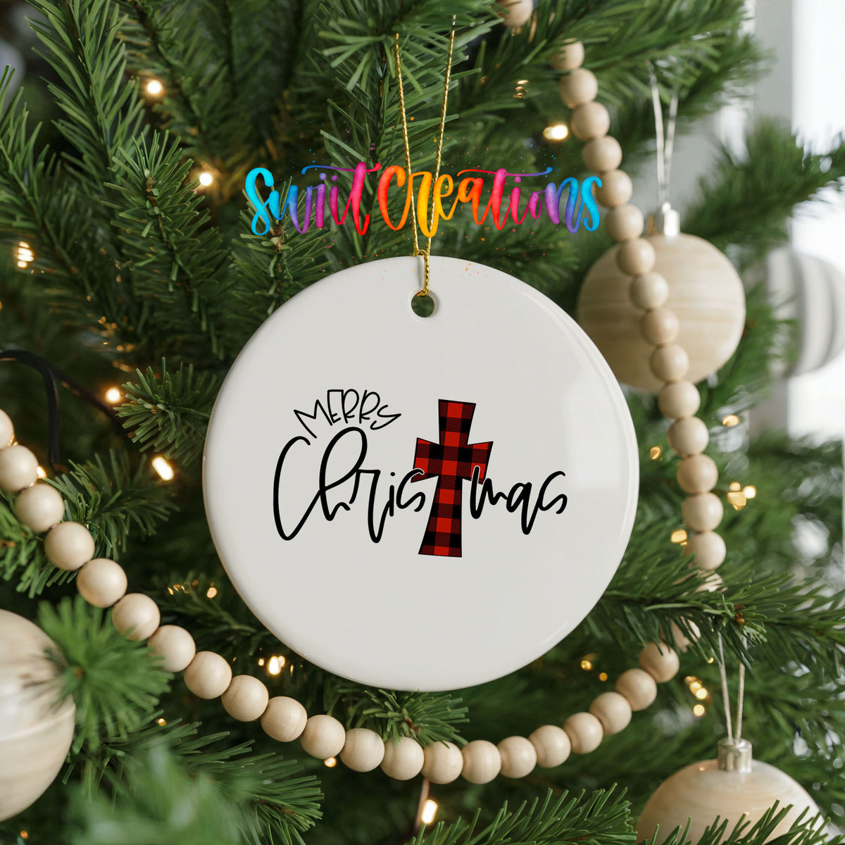 Merry Christmas Minimal Typography ceramic Christmas ornament holiday product view