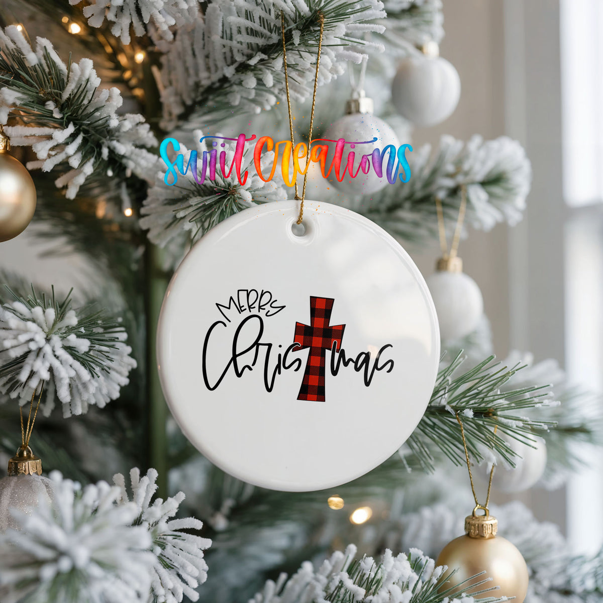 Merry Christmas Minimal Typography ceramic Christmas ornament holiday product view