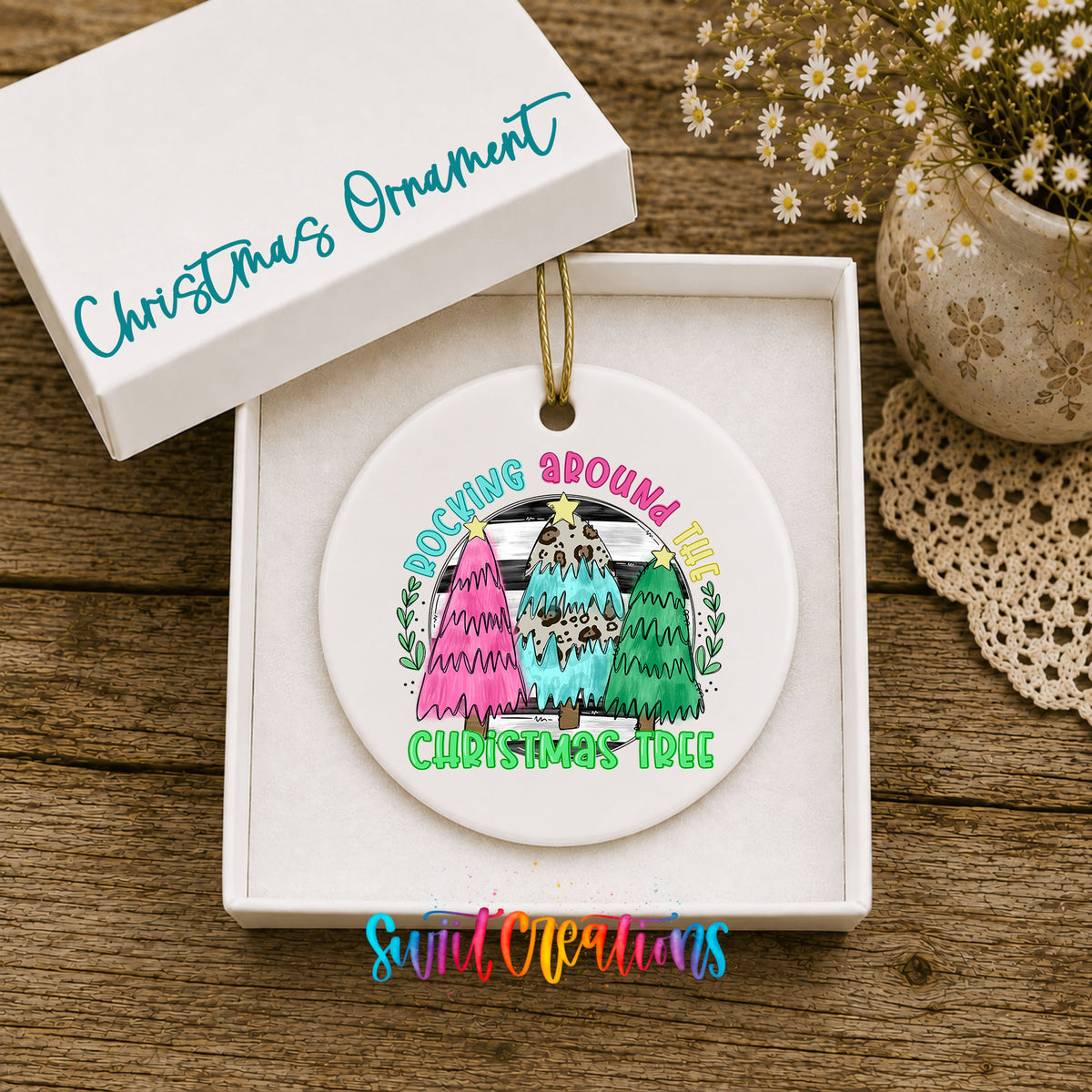 Rocking Around the Christmas Tree Funny ceramic Christmas ornament displayed in gift box