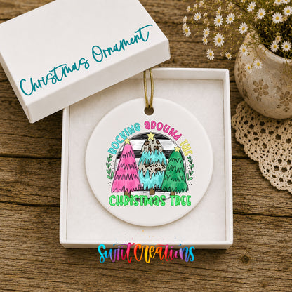 Rocking Around the Christmas Tree Funny ceramic Christmas ornament displayed in gift box