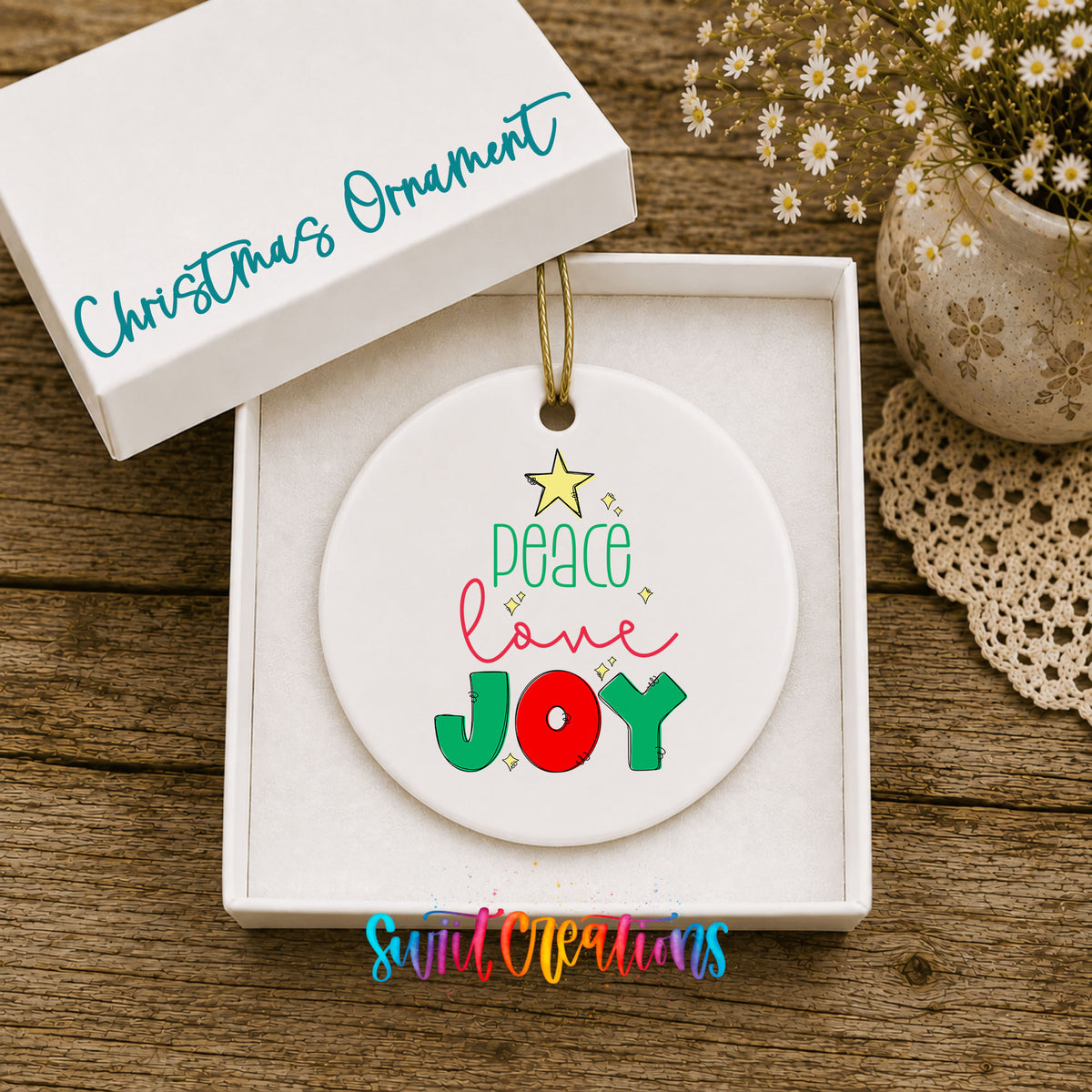Peace Love Joy Colorful ceramic Christmas ornament displayed in gift box