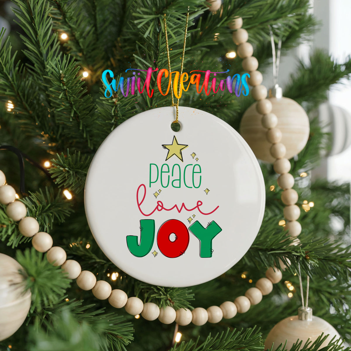 Peace Love Joy Colorful ceramic Christmas ornament holiday product view