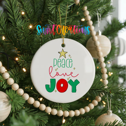Peace Love Joy Colorful ceramic Christmas ornament holiday product view