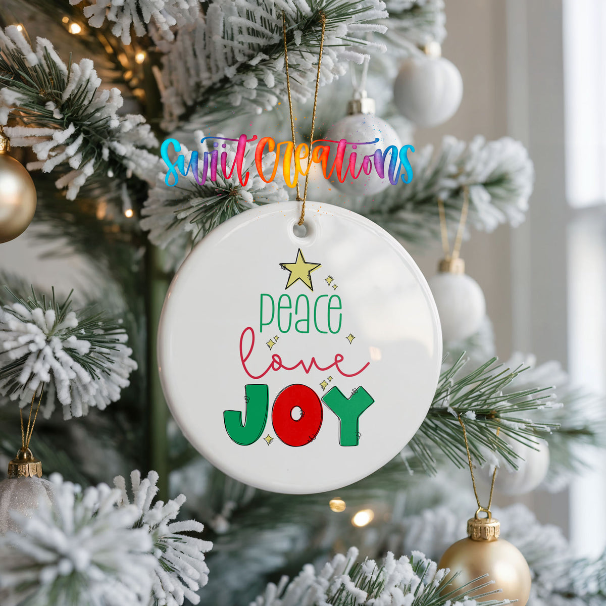 Peace Love Joy Colorful ceramic Christmas ornament holiday product view