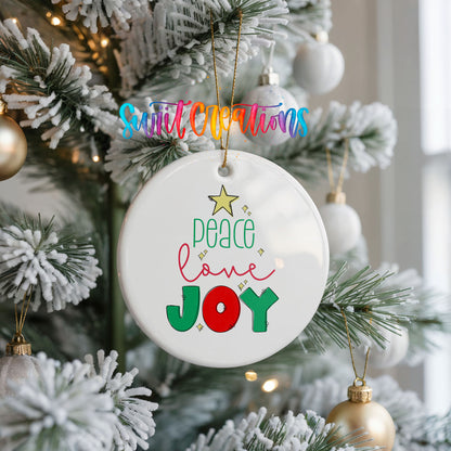 Peace Love Joy Colorful ceramic Christmas ornament holiday product view