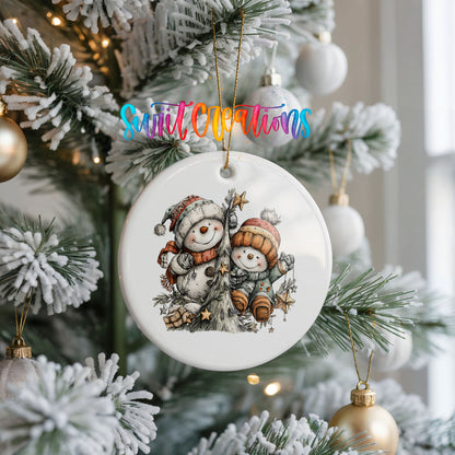 Snowman Family Winter ceramic Christmas ornament holiday product view