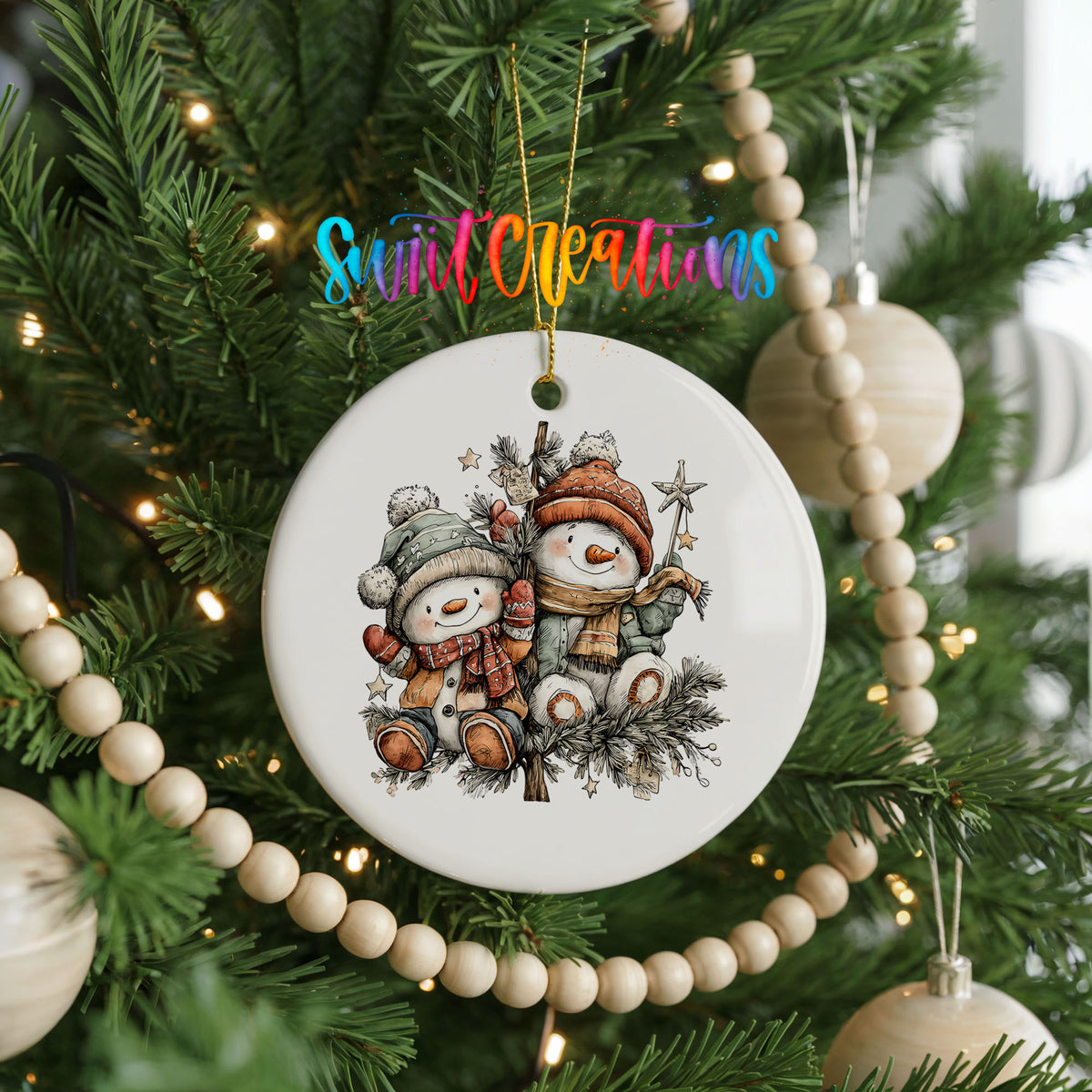 Snowman Friends in Cozy Scarves ceramic Christmas ornament holiday product view