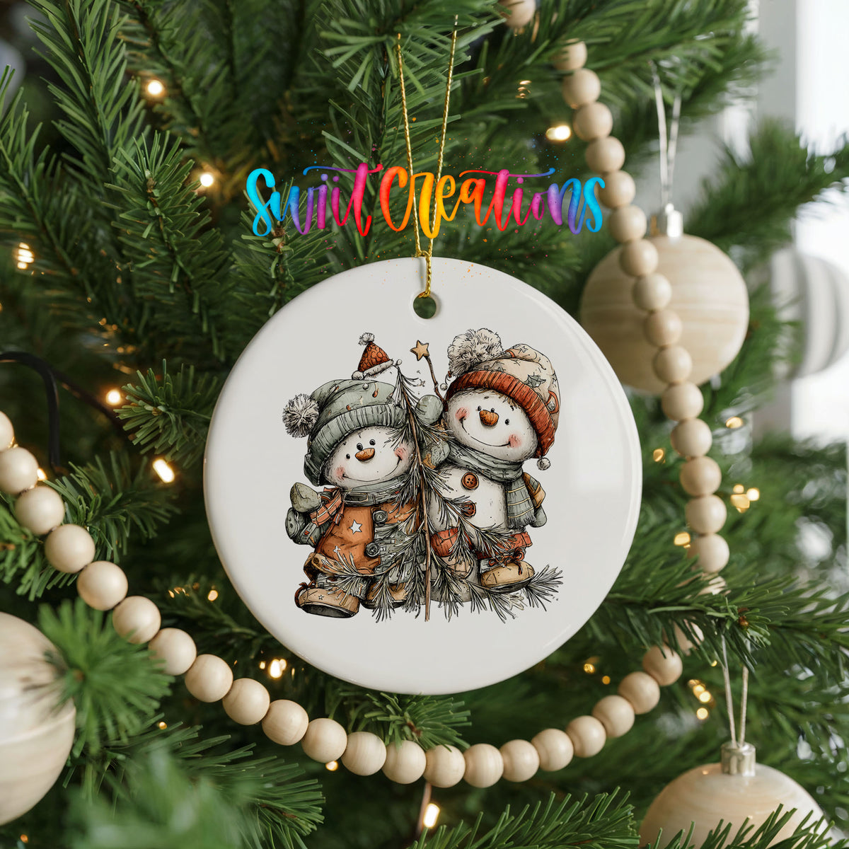 Snowman Pair in Orange and Gray Hats ceramic Christmas ornament holiday product view