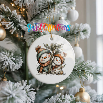 Snowman Couple Under Winter Pine ceramic Christmas ornament holiday product view