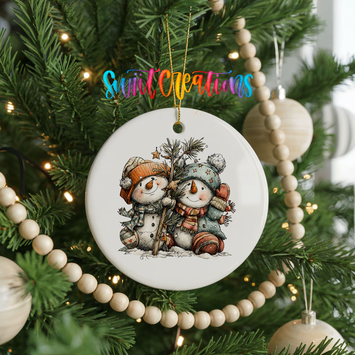 Snowman Friends with Pine Tree and Gifts ceramic Christmas ornament holiday product view