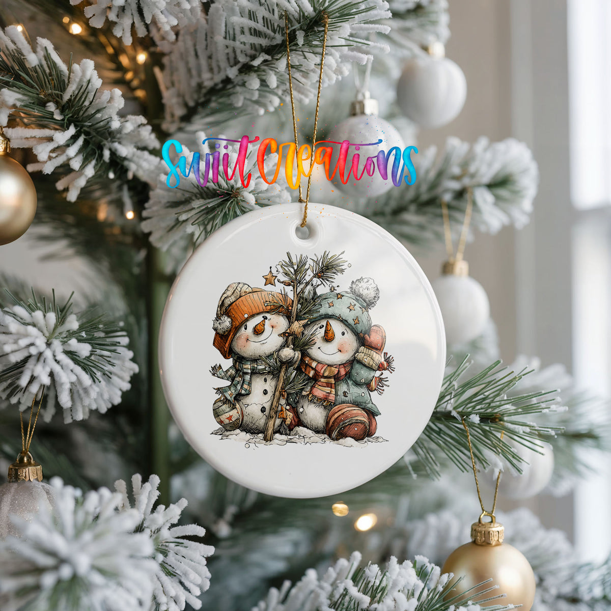 Snowman Friends with Pine Tree and Gifts ceramic Christmas ornament holiday product view