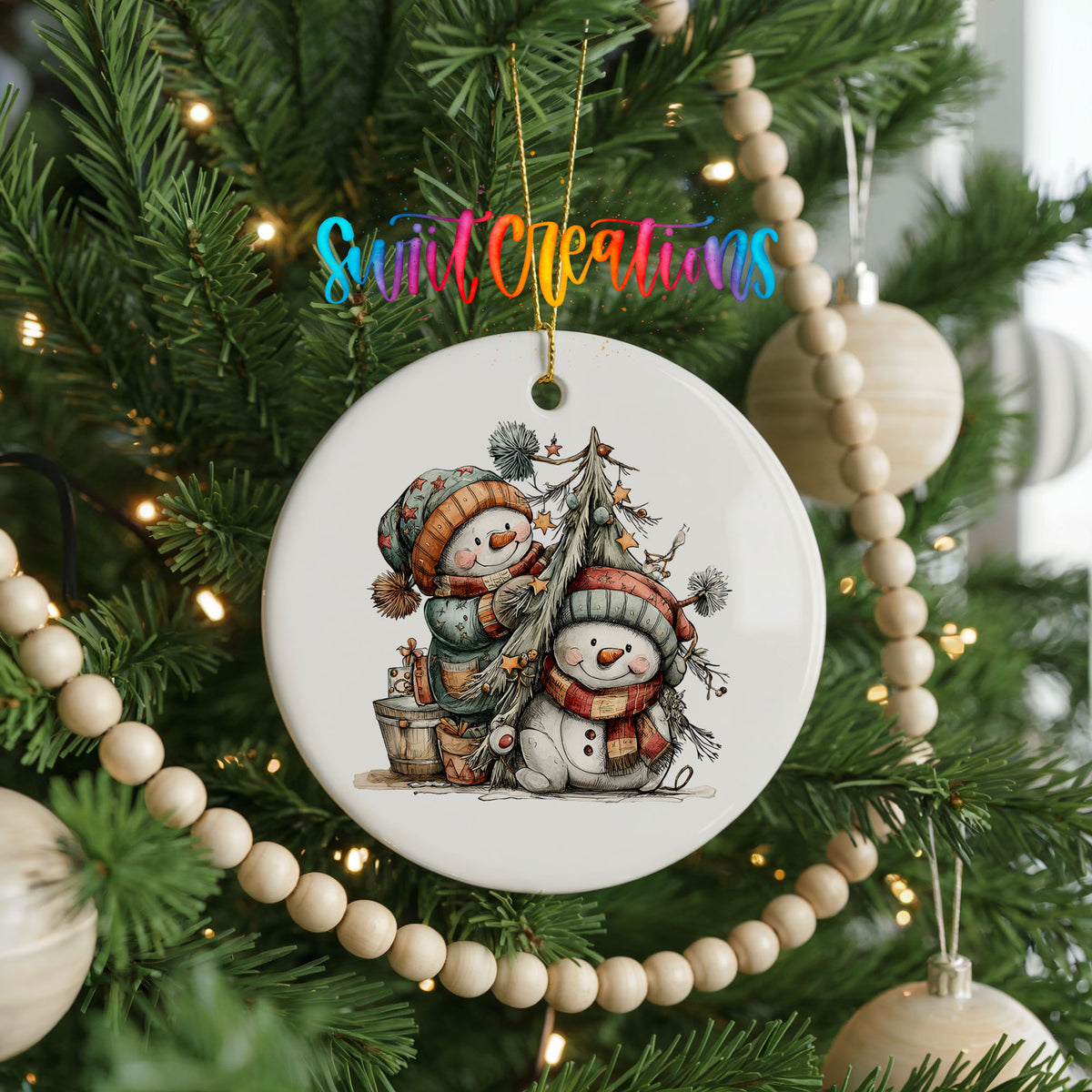 Snowman Family with Christmas Tree and Gifts ceramic Christmas ornament holiday product view