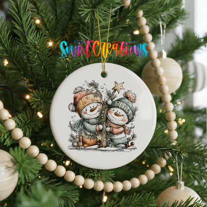 Snowman Couple with Holiday Stars ceramic Christmas ornament holiday product view