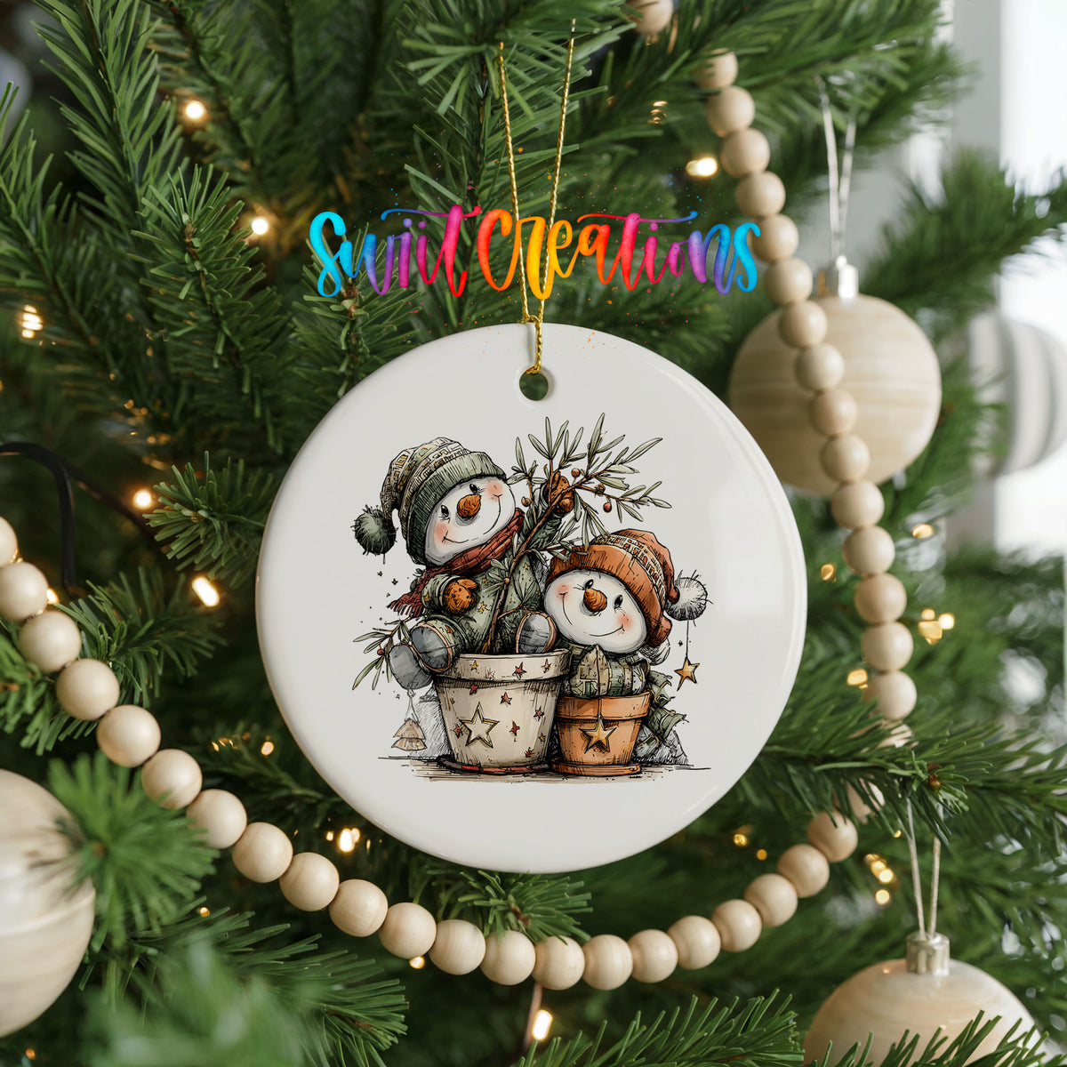 Snowman Couple with Winter Pine ceramic Christmas ornament holiday product view
