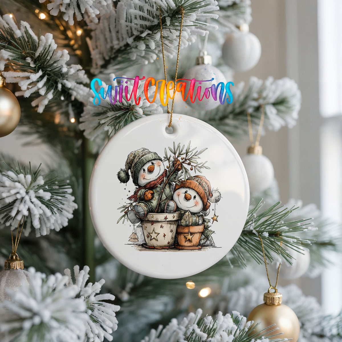 Snowman Couple with Winter Pine ceramic Christmas ornament holiday product view
