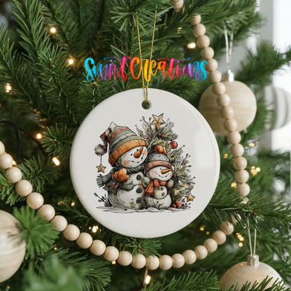 Snowman Family Beside Christmas Tree ceramic Christmas ornament holiday product view
