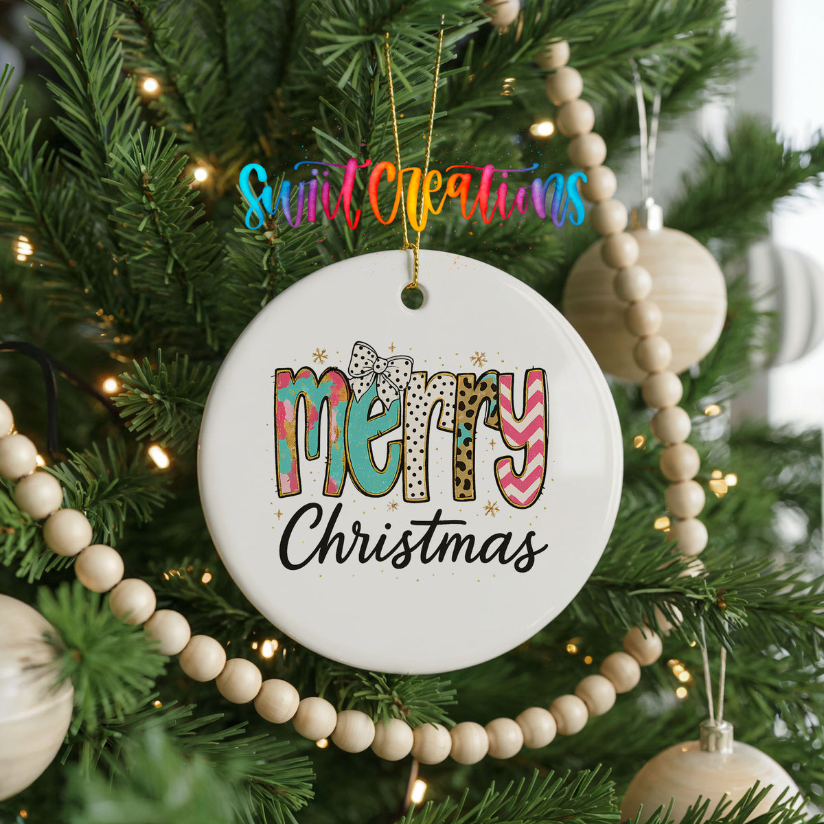 Merry Christmas Colorful Typography ceramic Christmas ornament holiday product view