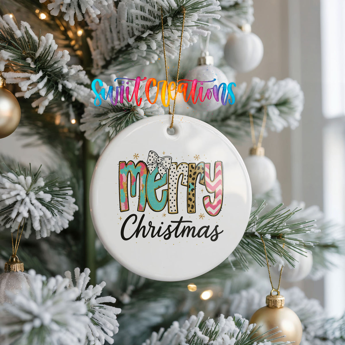 Merry Christmas Colorful Typography ceramic Christmas ornament holiday product view