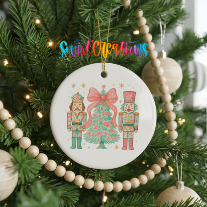 Pink Nutcrackers with Christmas Tree ceramic Christmas ornament holiday product view